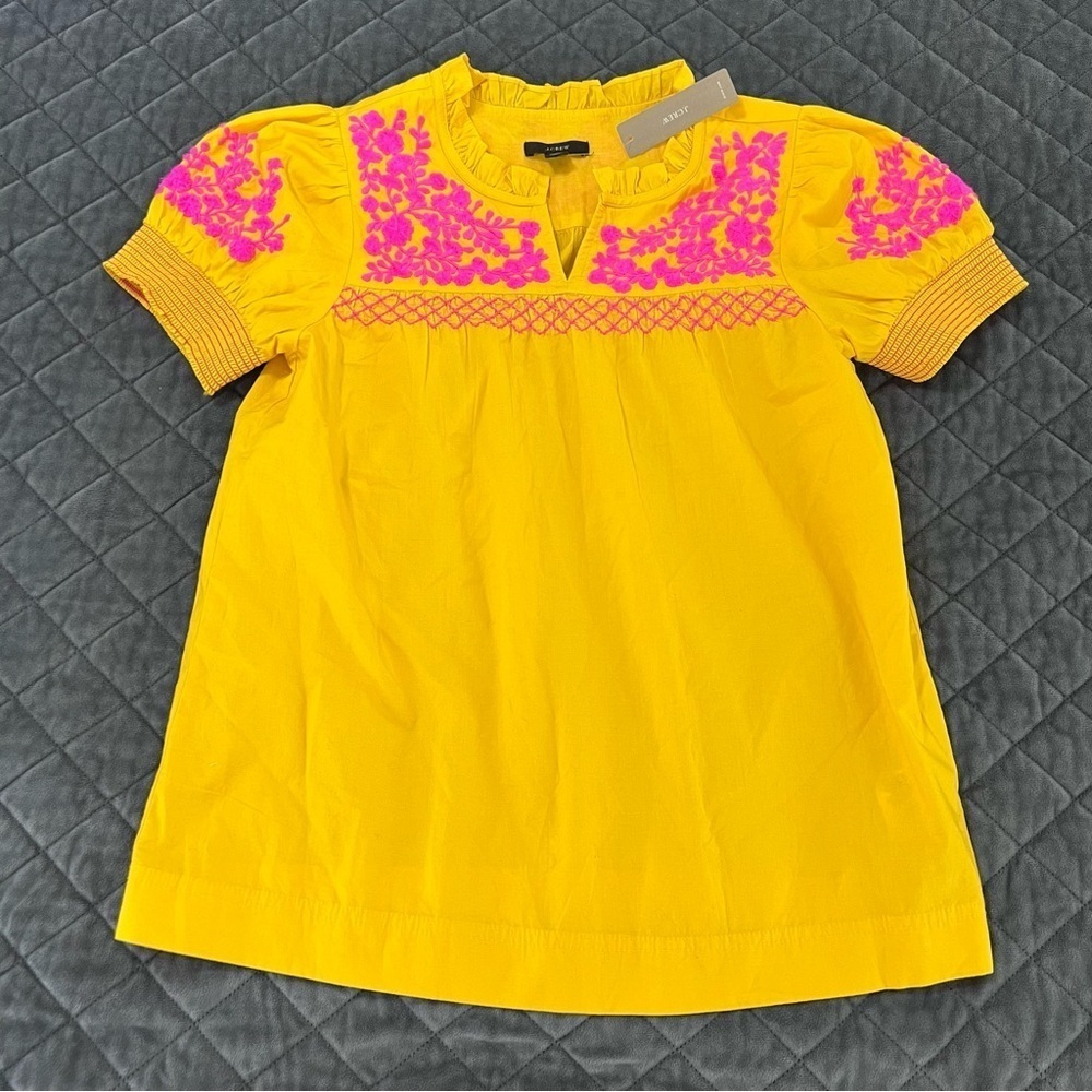 J. Crew Top Women XXS Floral Embroidered Blouse Shirt Yellow Boho P - Picture 2 of 7